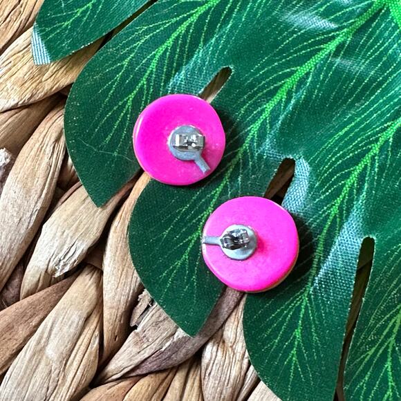 BOGO FREE Pink yellow stripe button earrings - Picture 4 of 4